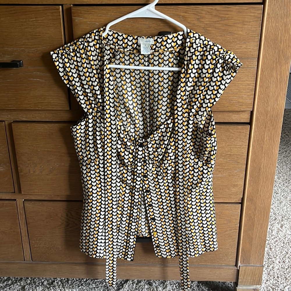 Navy, yellow and white Odille 100% silk blouse with tie neck